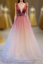 A-Line Burgundy V Neck Tulle Sequin Long Semi Formal Prom Dress Burgundy Evening Dress
